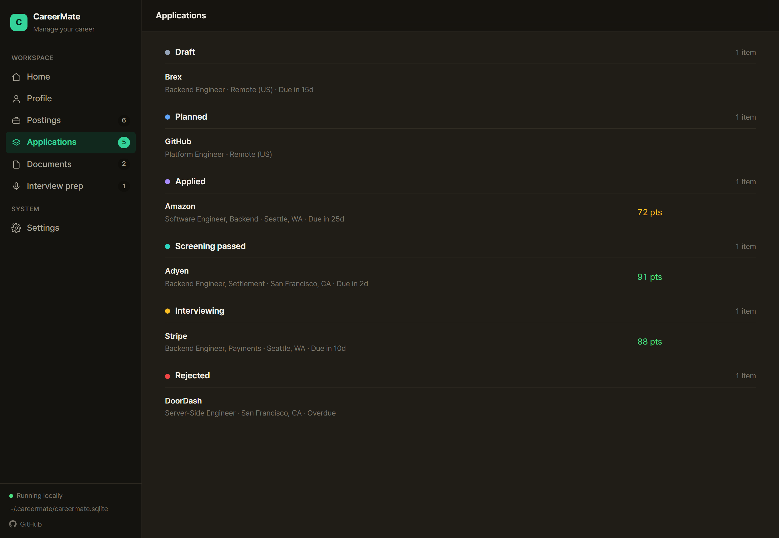 CareerMate applications (dark) — applications organized by status