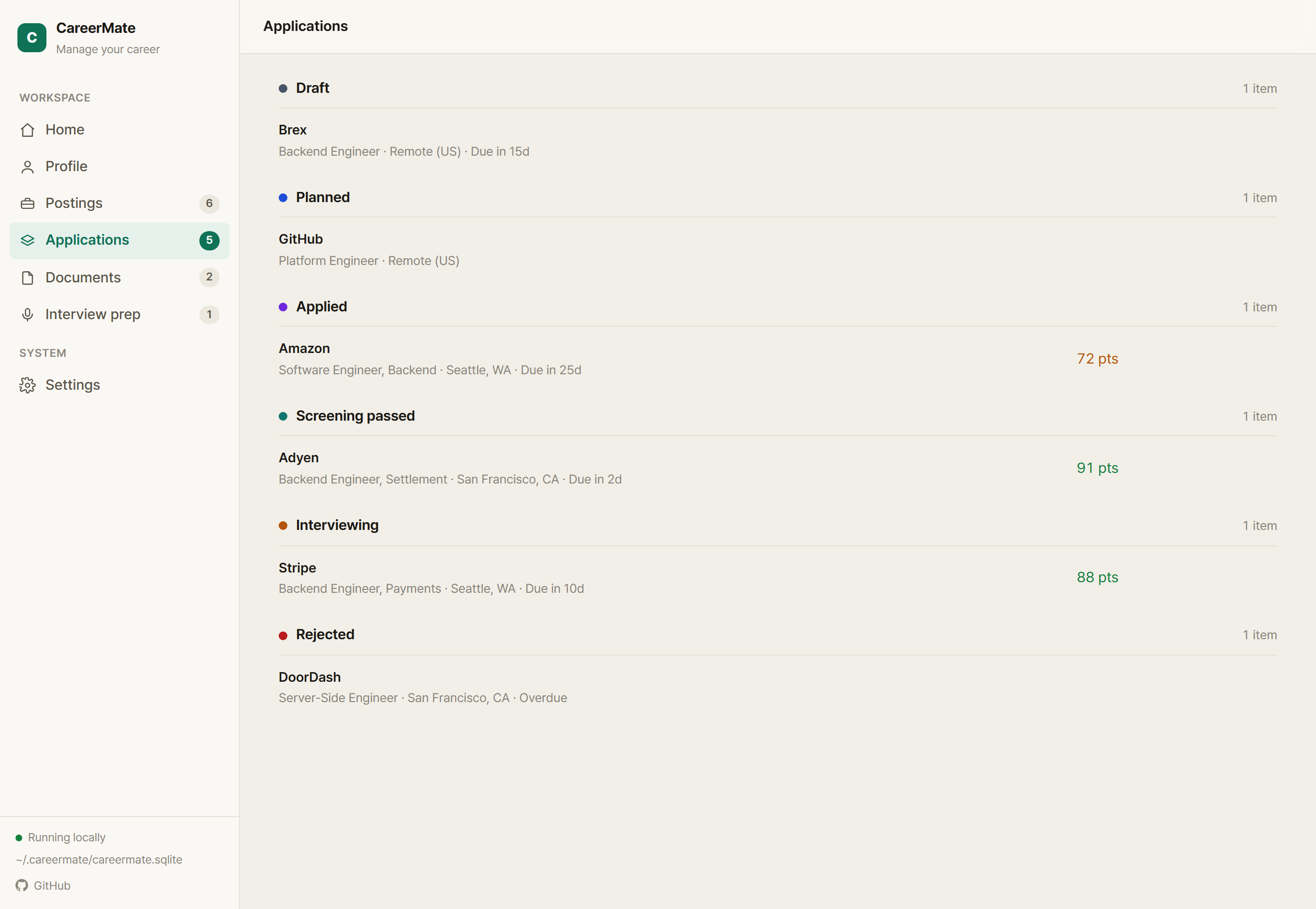 CareerMate applications — applications organized by status