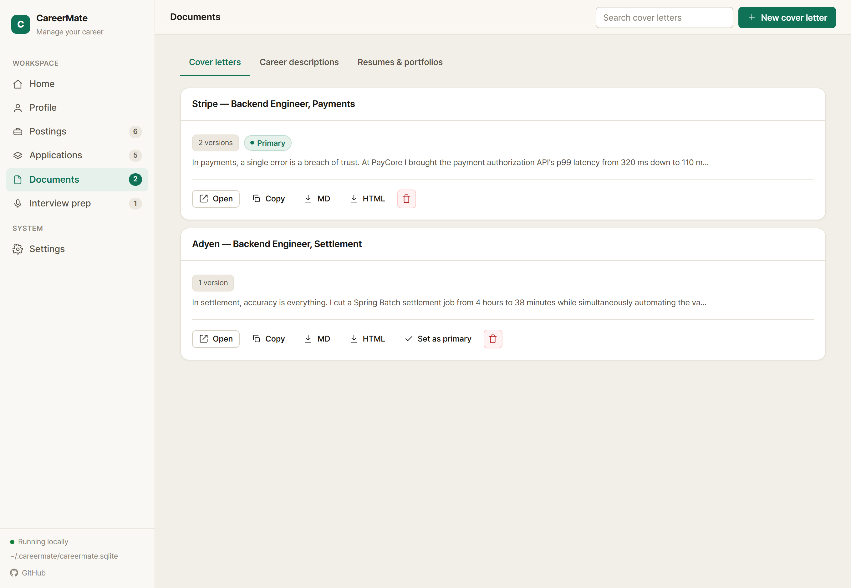 CareerMate documents — cover letters and resumes kept with versions