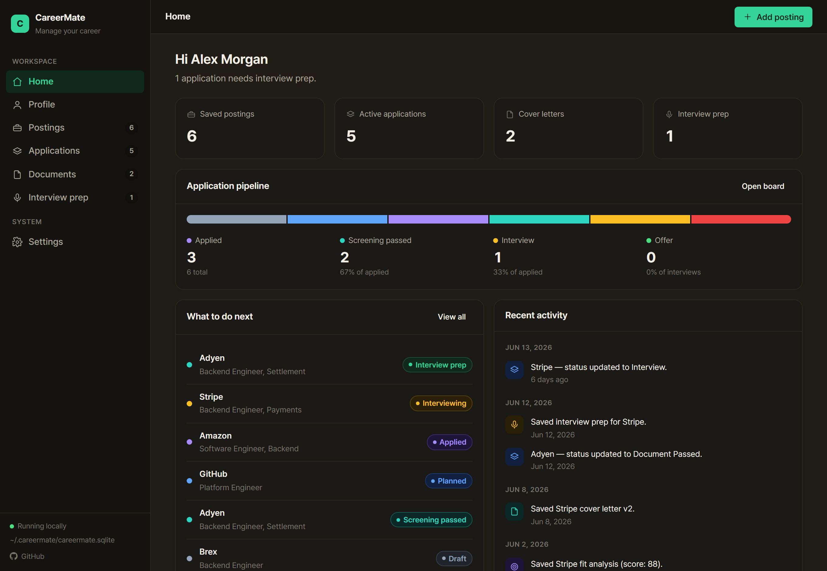 CareerMate home dashboard (dark) — application pipeline, to-dos, and recent activity