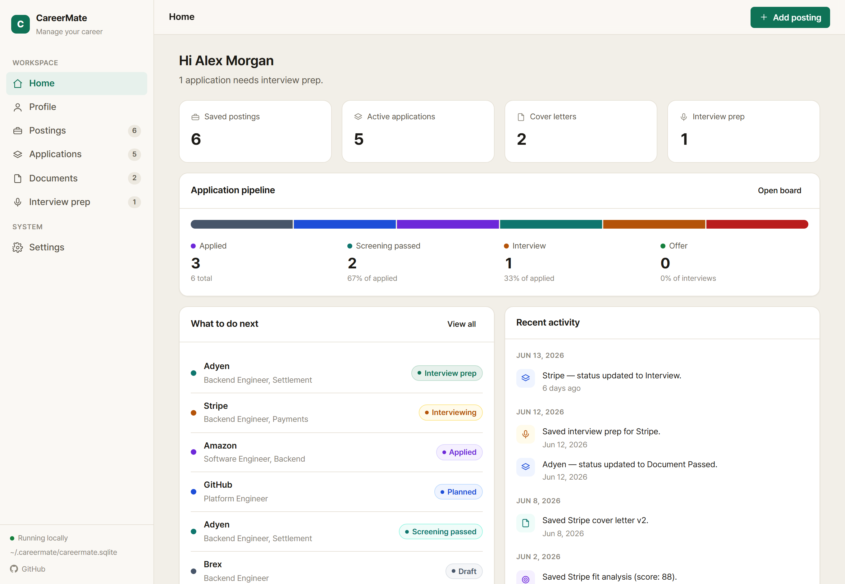 CareerMate home dashboard — application pipeline, to-dos, and recent activity