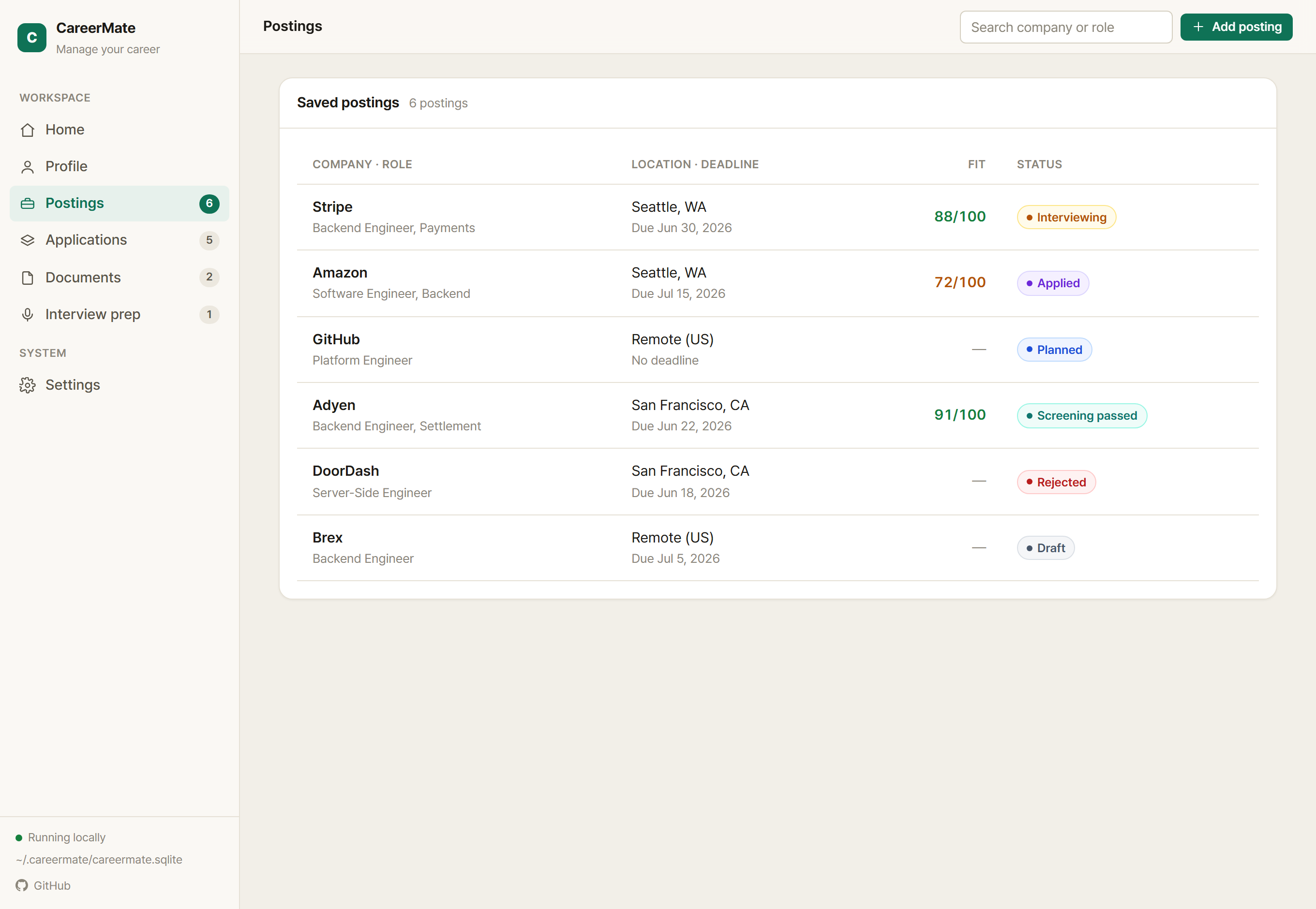 CareerMate postings — fit score and progress